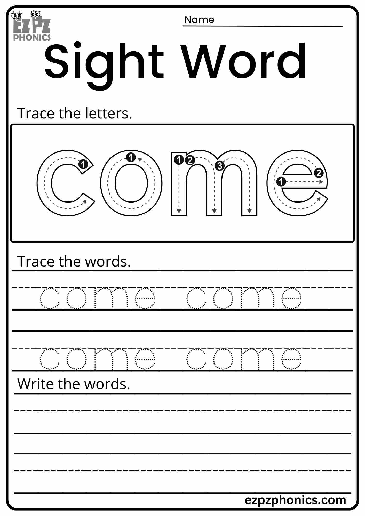 Dolch Sight Word "Come" Activity for Early Learners PDF Download